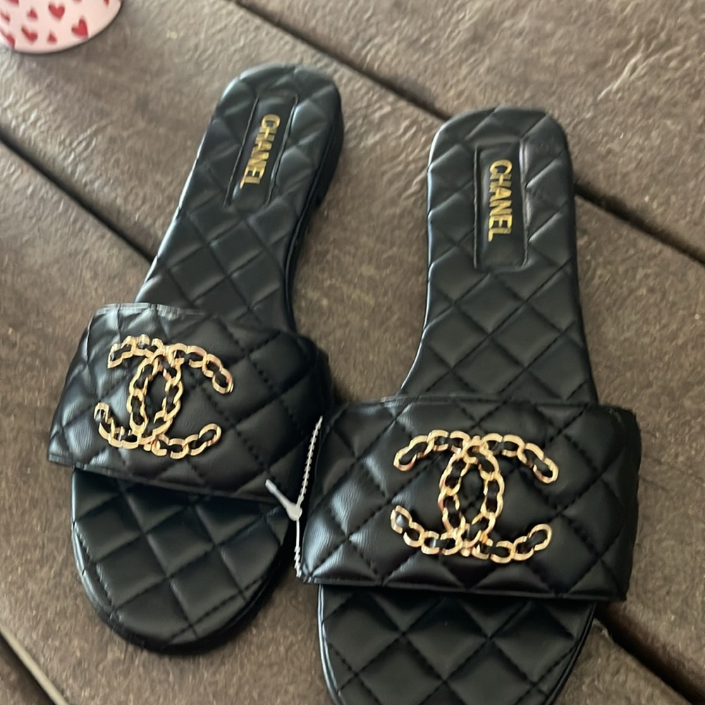 Black Quilted Sandals with Gold Accents - Picture 2 of 6